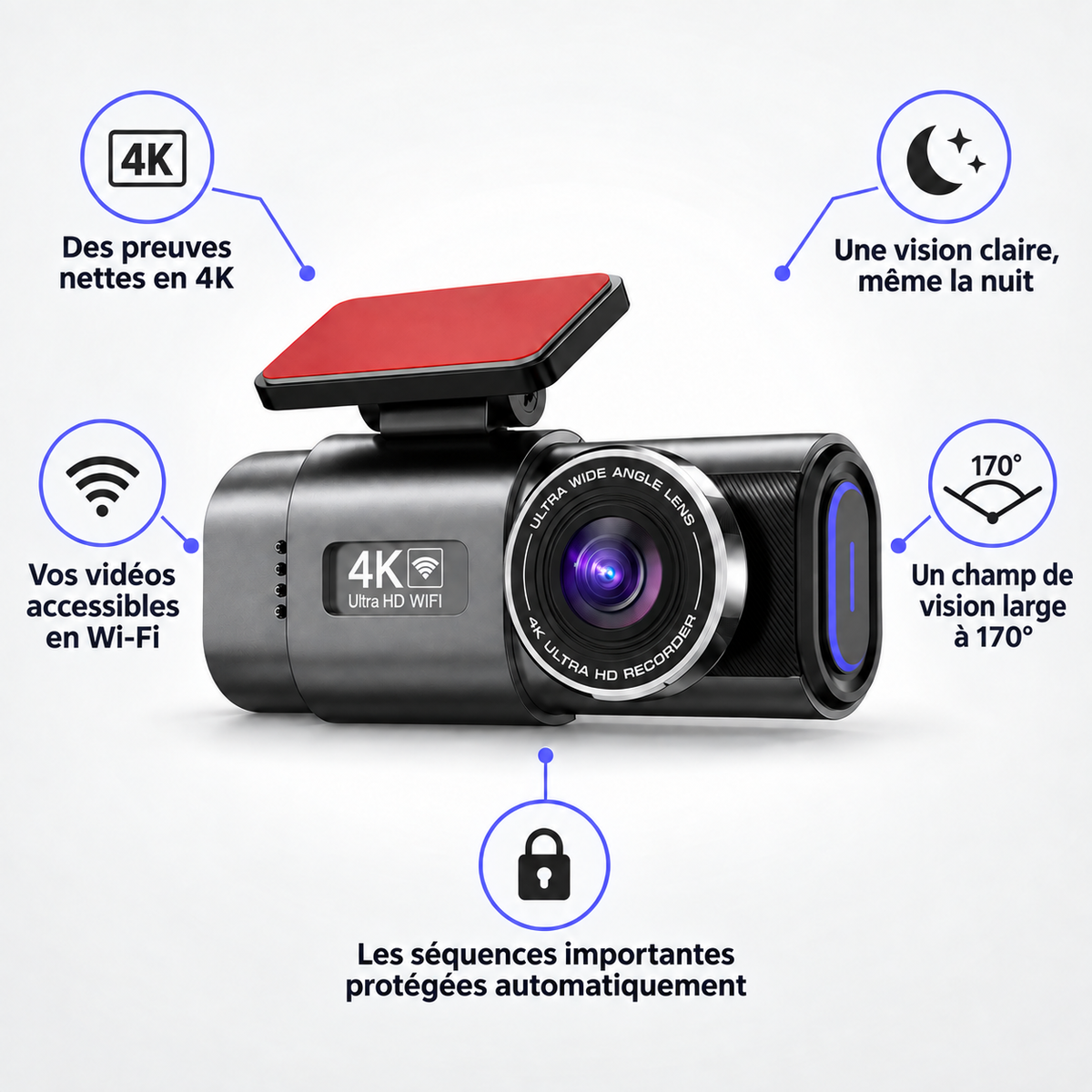 Dashcam 4K Wi-Fi – Caméra Arrière Optionnelle