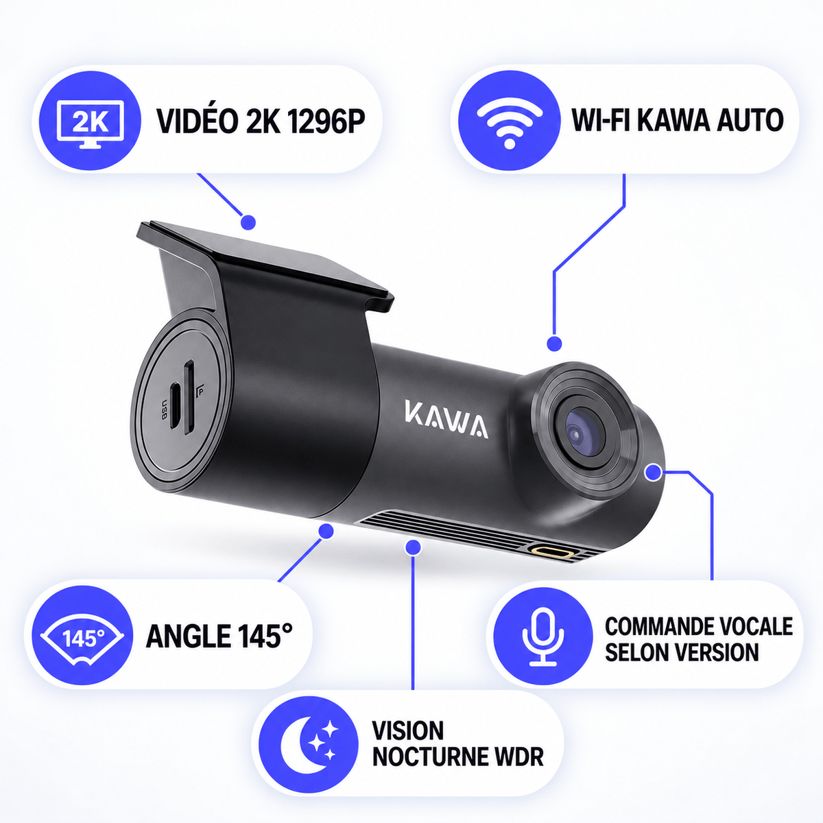 Vexaze Dashcam KAWA D5 2K Wi-Fi avec Vision Nocturne