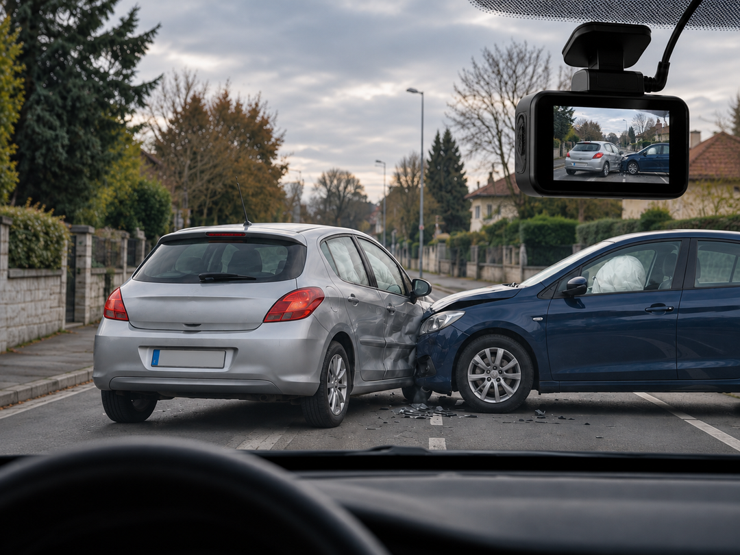 Dashcam au premier plan enregistrant un accident avec airbags déployés