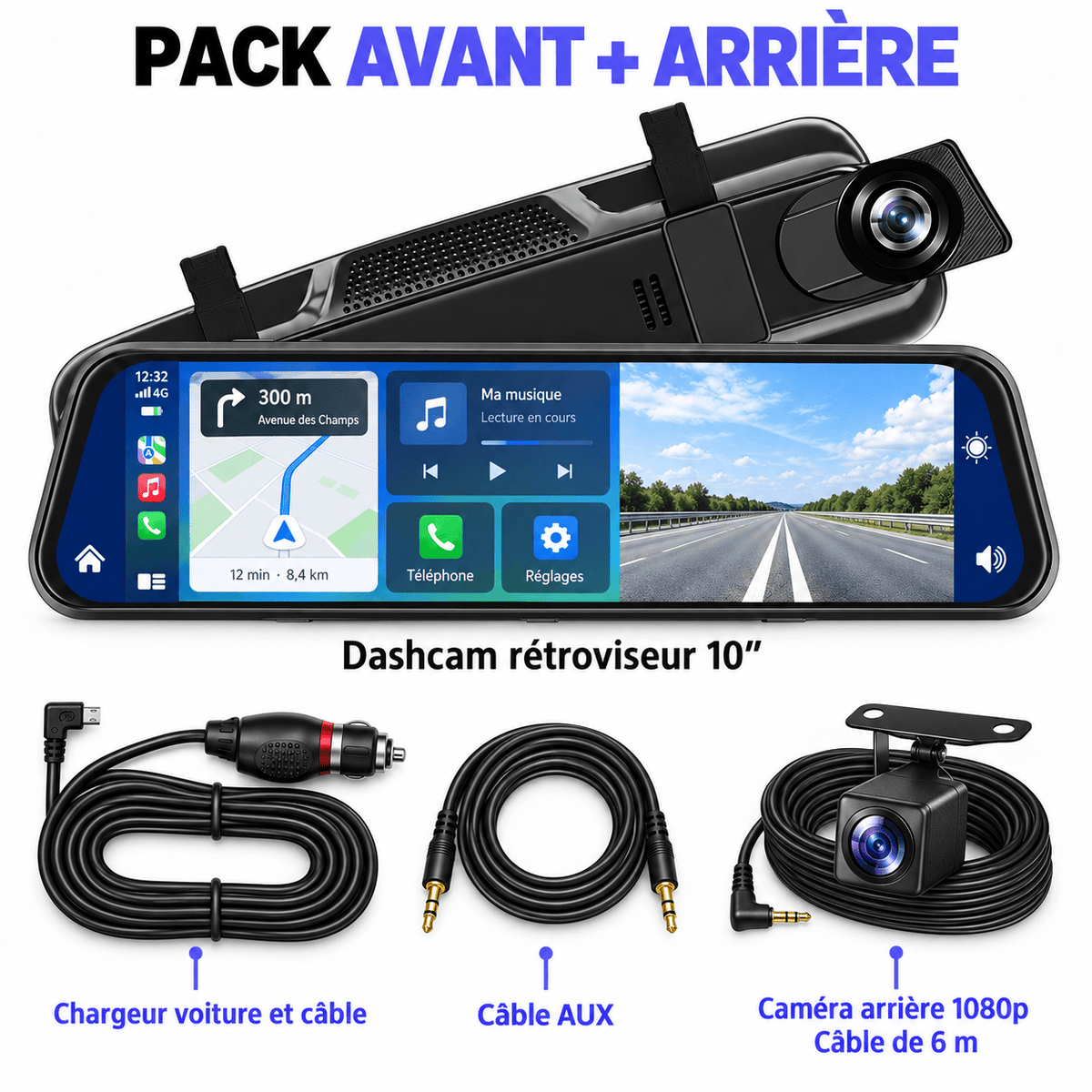 Vexaze Dashcam Rétroviseur 4K 10″ avec CarPlay et Android Auto