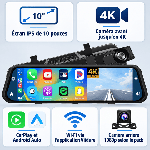 Vexaze Dashcam Rétroviseur 4K 10″ avec CarPlay et Android Auto