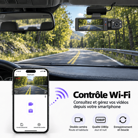 Vexaze Dashcam Wi-Fi Double Caméra 1080p – Route et Habitacle