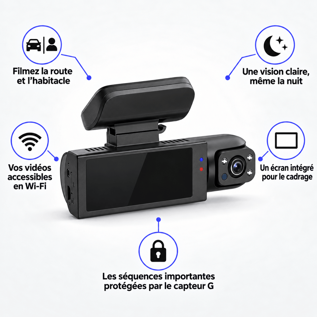 Vexaze Dashcam Wi-Fi Double Caméra 1080p – Route et Habitacle